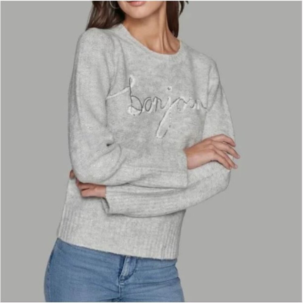 KARL LAGERFIELD Paris BONJOUR Sweater Silver Sparkle Woman's Medium Ice Breaker